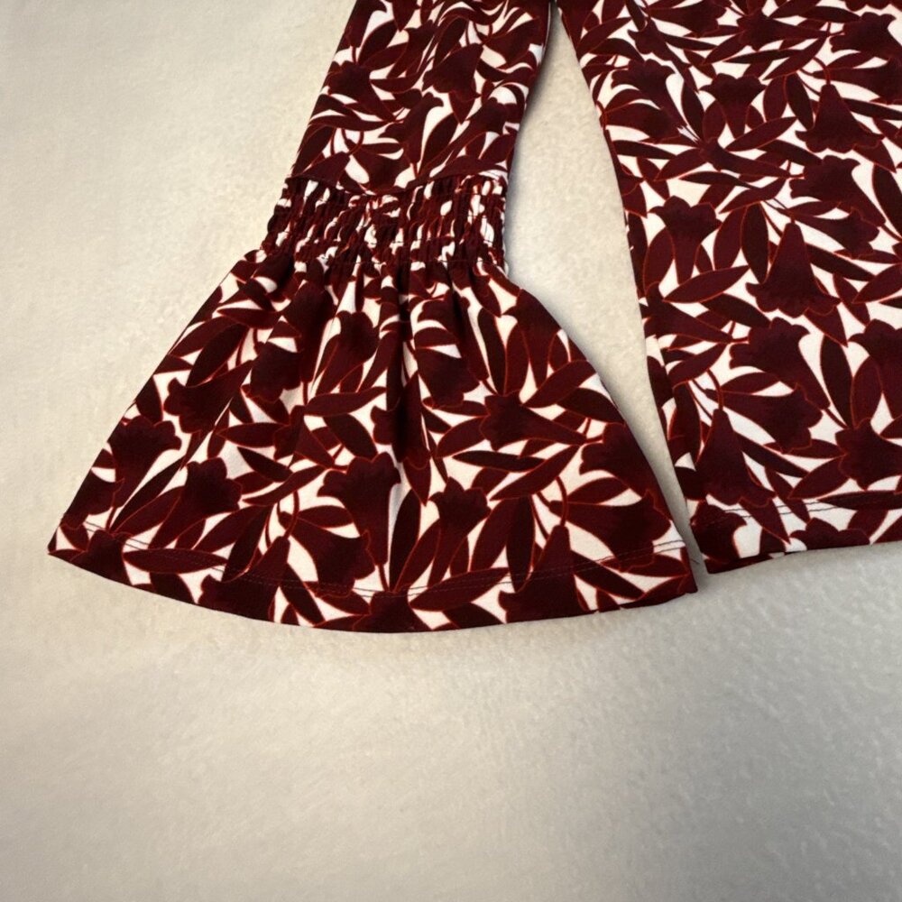 Ann Taylor Burgundy Floral Stretch Top‎ Long Smocked Bell Sleeves Med - Picture 2 of 9